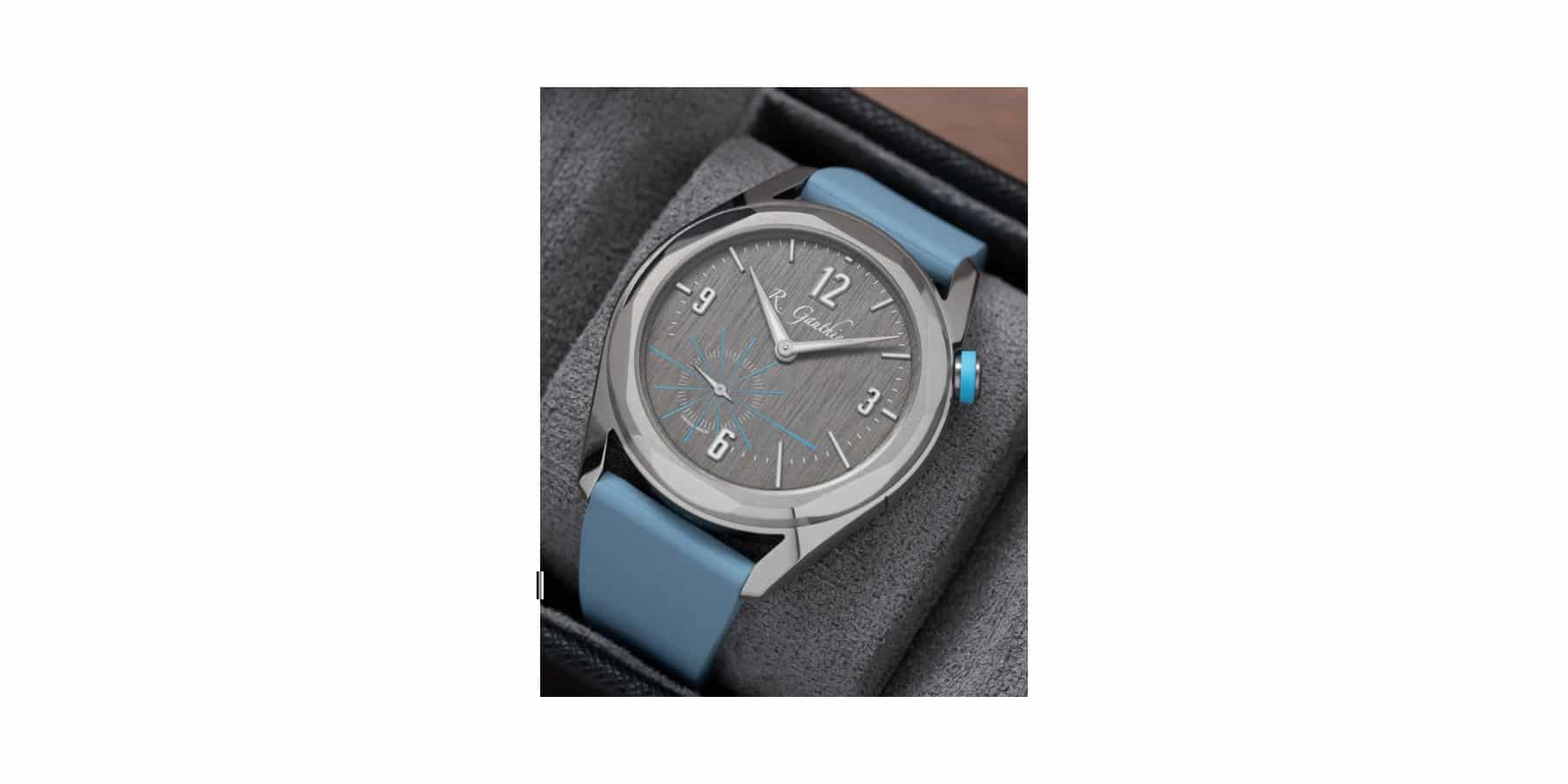 Le bracelet Delugs caoutchouc bleu clair sur une montre Romain Gauthier